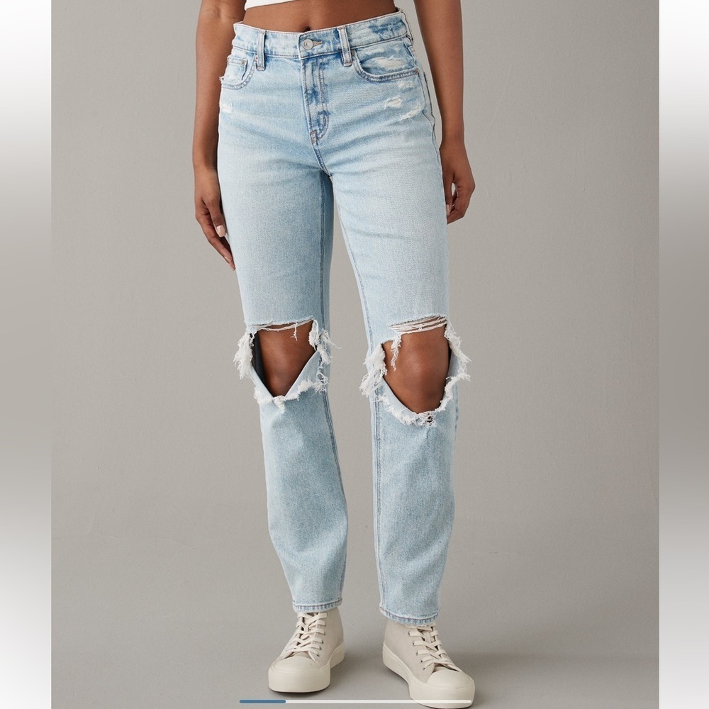 America Eagle Distressed Stretch Super High Rise Ankle Straight Jeans Size 0